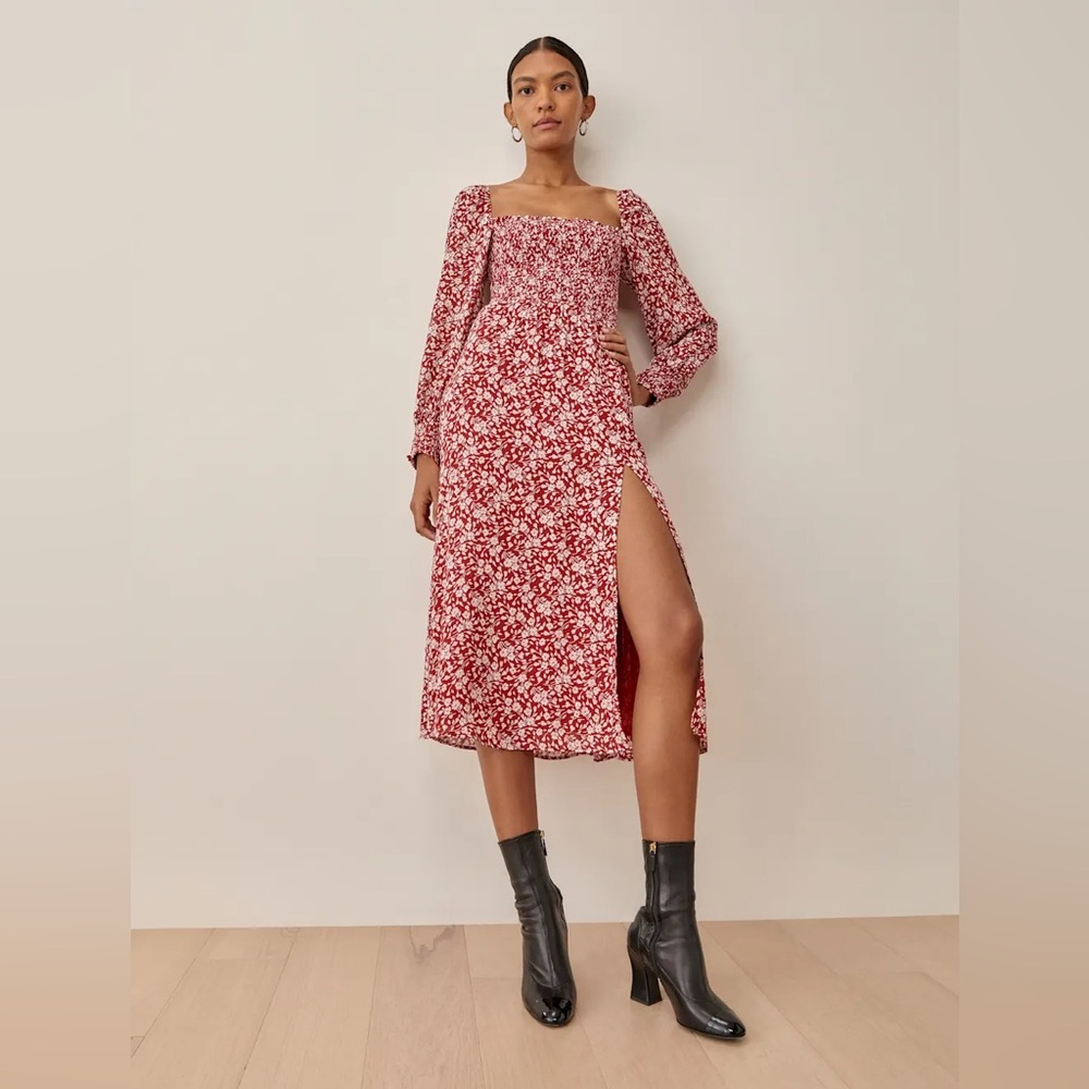 Reformation Cello Midi Dress, red with white floral size XS extra small
